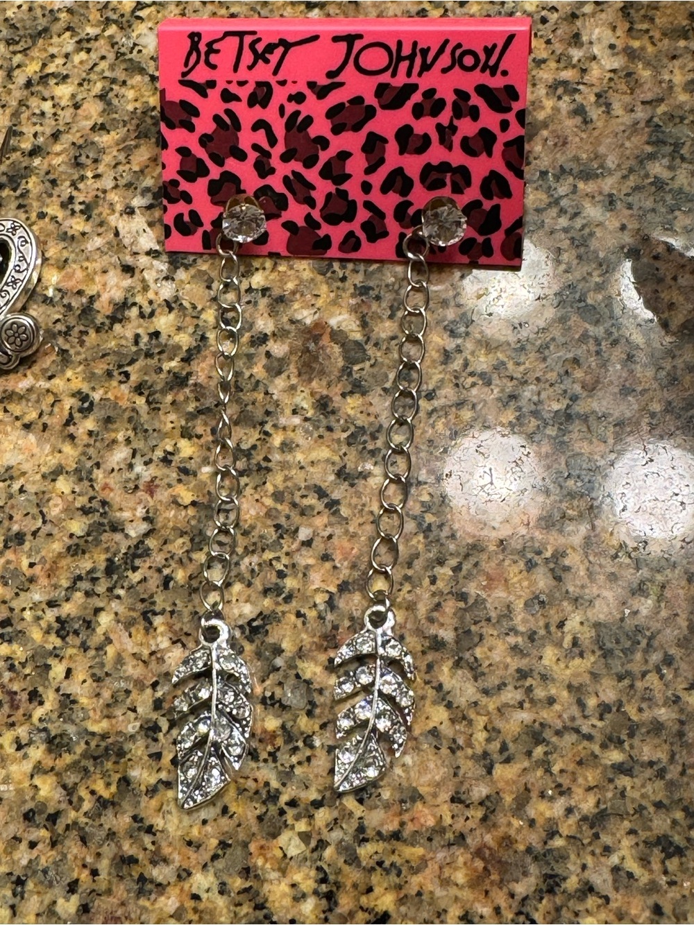 Betsey Johnson Silver Rhinestone Leaf Chain chandelier Drop Earrings
